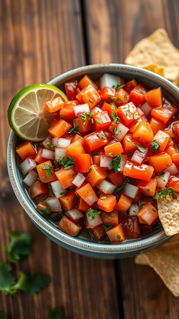 Classic Salsa and Chips Dip Recipe A bowl of fresh salsa with tortilla chips on a rustic table.